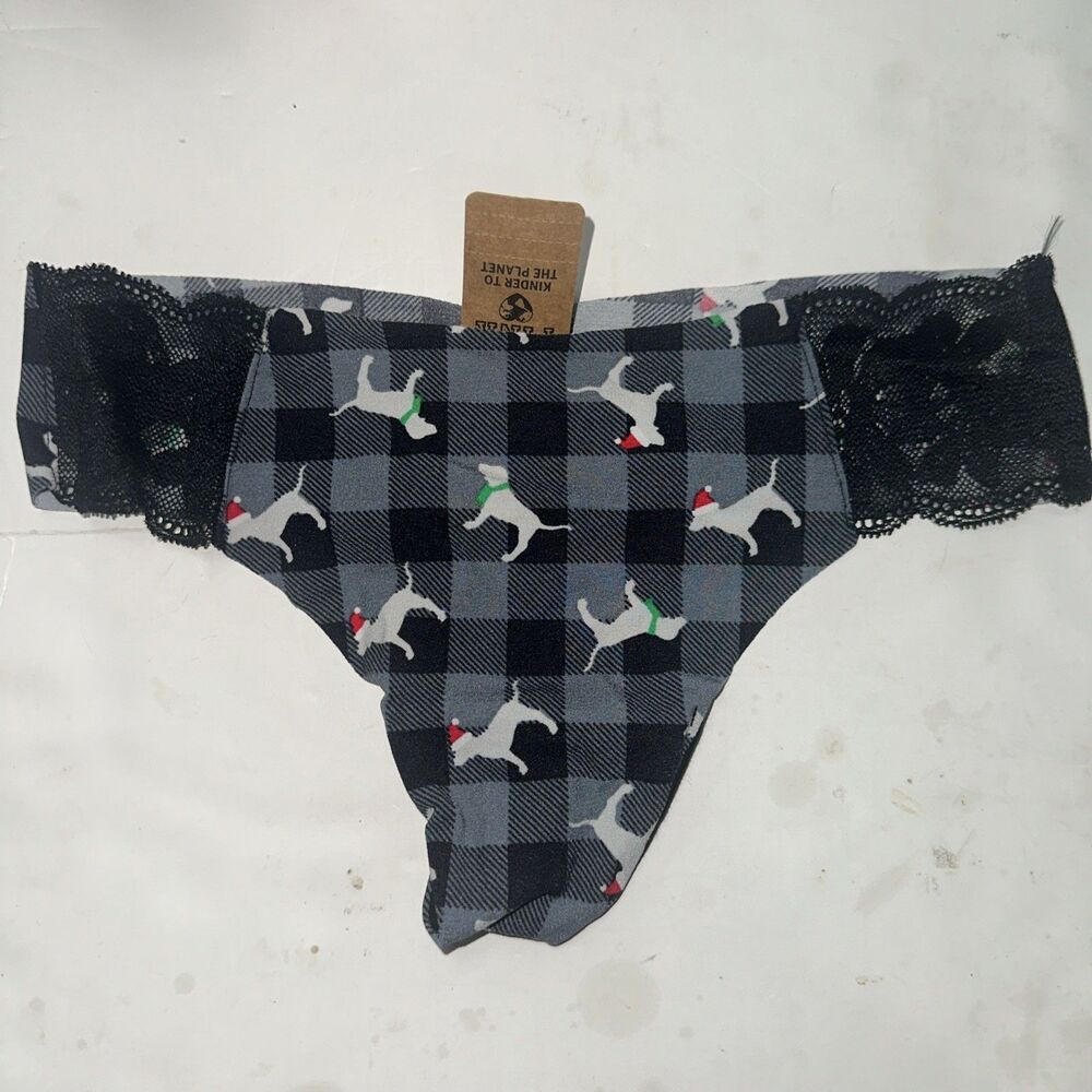 NWT Victoria's Secret PINK No Show Lace trim Thong Panty Santa Dog Check S